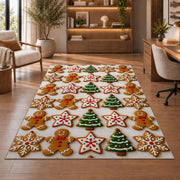 Christmas cookie grid rug in a home office with wooden shelves