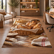Fresh bread basket rug in a home office with wooden shelves