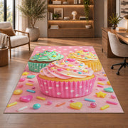 Cute pastel cupcakes rug in a home office with wooden shelves