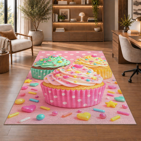 Cute pastel cupcakes rug in a home office with wooden shelves