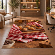 Fresh muffin tray rug in a home office with wooden shelves