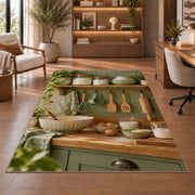 Sage farmhouse baking shelf rug in a home office with wooden shelves