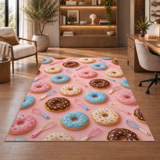 Donut pattern rug in a home office with wooden shelves