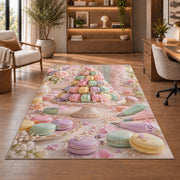 Pastel macaron tower rug in a home office with wooden shelves