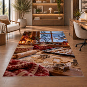 Winter baking window rug in a home office with wooden shelves