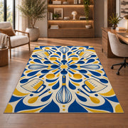 Geometric whisks and measuring cups rug in a home office with wooden shelves