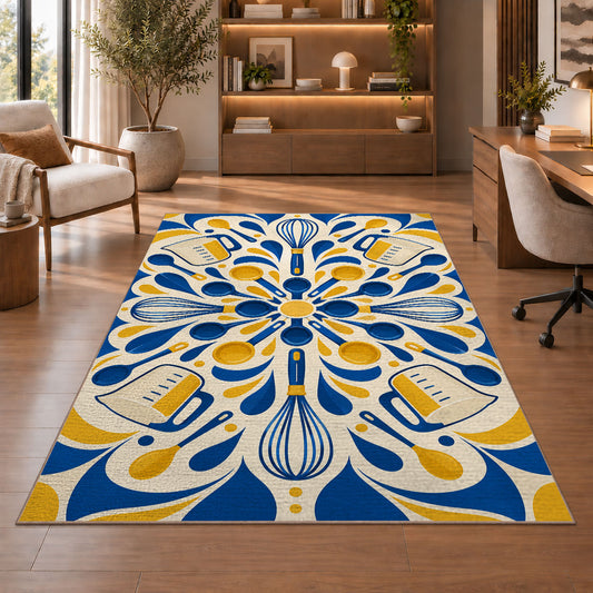 Geometric whisks and measuring cups rug in a home office with wooden shelves