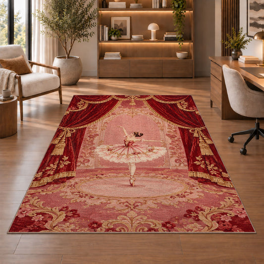 Ballerina on stage rug in a home office with wooden shelves