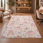 Ballet pattern rug in a home office with wooden shelves