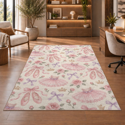Ballet pattern rug in a home office with wooden shelves