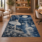 Swan lake ballerina rug in a home office with wooden shelves