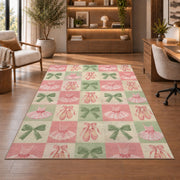 Ballet checkered rug in a home office with wooden shelves