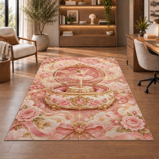 Ballerina music box rug in a home office with wooden shelves
