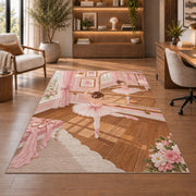 Ballet studio rug in a home office with wooden shelves