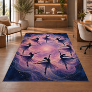 Ballerina silhouettes rug in a home office with wooden shelves