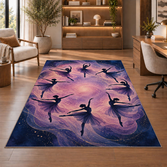 Ballerina silhouettes rug in a home office with wooden shelves