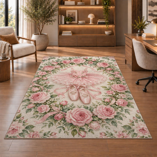Rose wreath ballet rug in a home office with wooden shelves