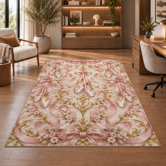 Pointe shoes ribbon damask rug in a home office with wooden shelves