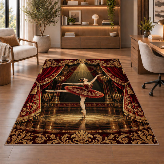 Ballerina in spotlight rug in a home office with wooden shelves