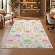 Pastel tutu pattern rug in a home office with wooden shelves