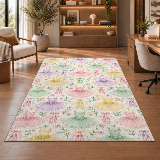 Pastel tutu pattern rug in a home office with wooden shelves