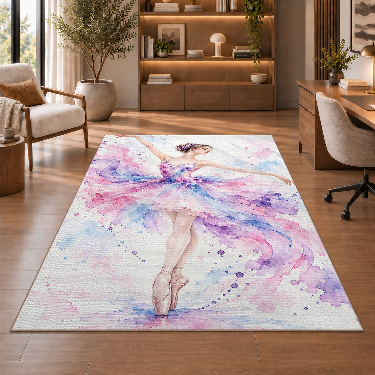 Watercolor ballerina rug in a home office with wooden shelves