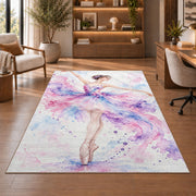 Watercolor ballerina rug in a home office with wooden shelves