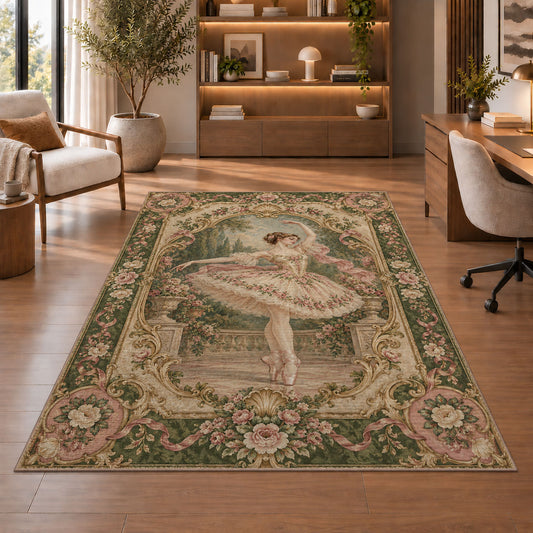 Vintage ballerina tapestry rug in a home office with wooden shelves