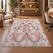 Pointe shoes harlequin rug in a home office with wooden shelves