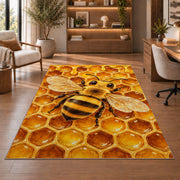 Honeybee Honeycomb Rug in a home office with wooden shelves