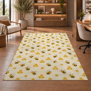 Tiny Bee Pattern Rug in a home office with wooden shelves