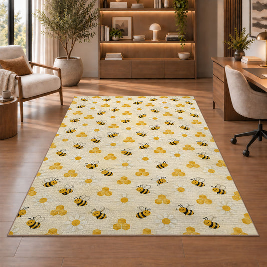 Tiny Bee Pattern Rug in a home office with wooden shelves