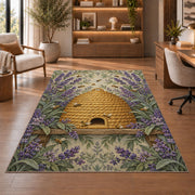 Vintage Straw Beehive Rug in a home office with wooden shelves
