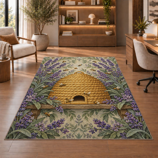Vintage Straw Beehive Rug in a home office with wooden shelves