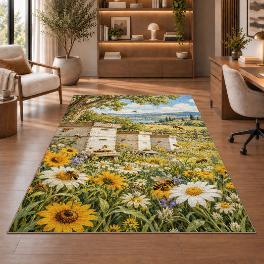 Vintage Bee Farm Rug in a home office with wooden shelves