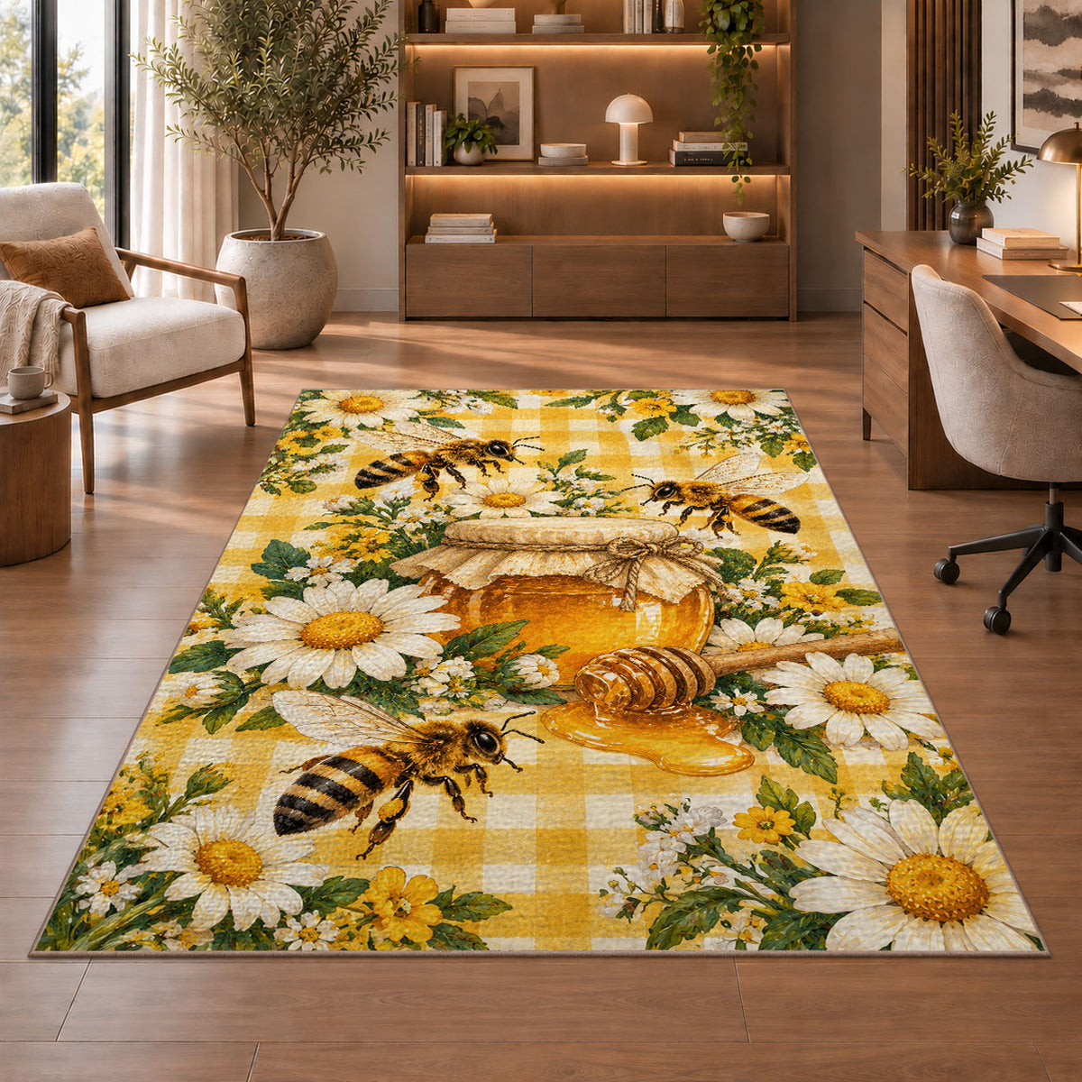 Gingham Honey Jar Bee Rug in a home office with wooden shelves