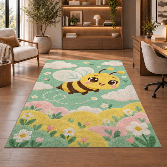 Cute Baby Bee Nursery Rug in a home office with wooden shelves