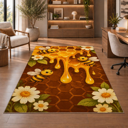 Dripping Honeycomb Bee Rug in a home office with wooden shelves