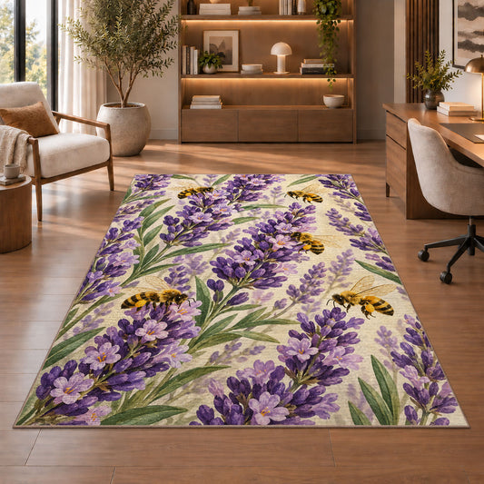 Lavender and Bees Rug in a home office with wooden shelves