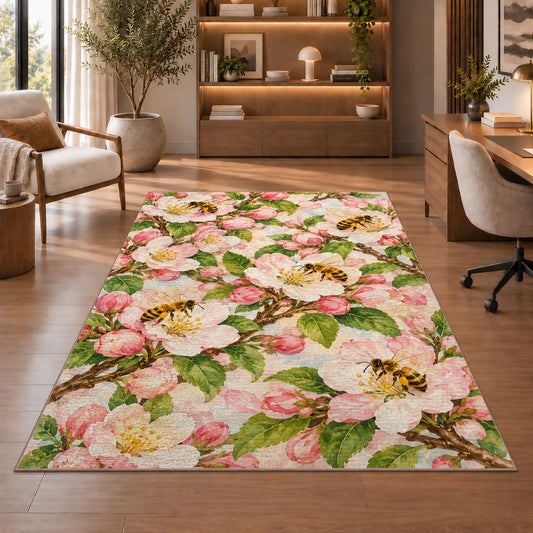 Apple Blossom Bees Rug in a home office with wooden shelves