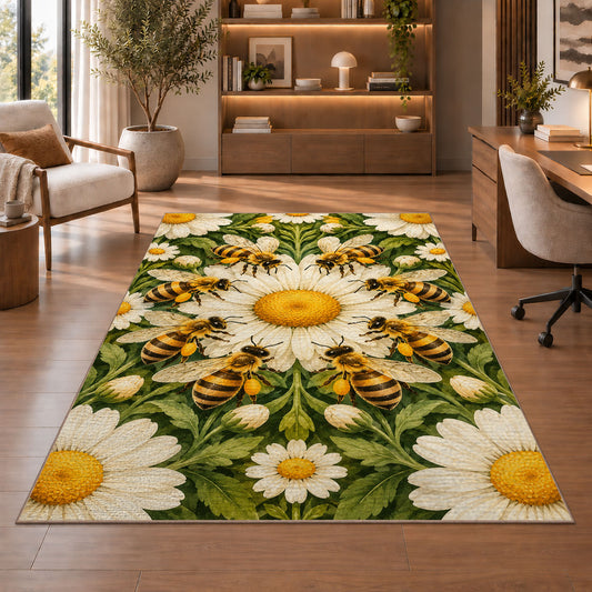Bee Ring Daisy Medallion Rug in a home office with wooden shelves