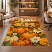 Autumn Beehive Pumpkin Rug in a home office with wooden shelves