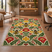 Scandinavian Folk Art Bee Rug in a home office with wooden shelves