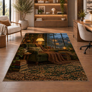 Rainy Day Reading Nook rug in a home office with wooden shelves