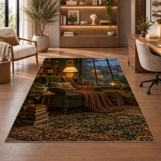 Rainy Day Reading Nook rug in a home office with wooden shelves