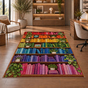 Rainbow Bookshelf rug in a home office with wooden shelves
