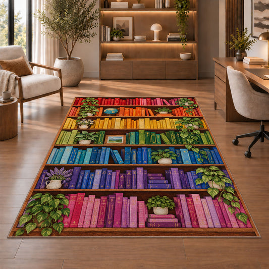 Rainbow Bookshelf rug in a home office with wooden shelves