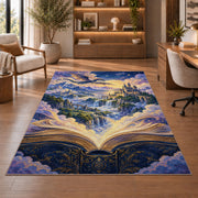 Fantasy World from a Book rug in a home office with wooden shelves
