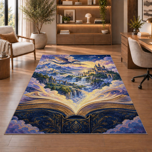 Fantasy World from a Book rug in a home office with wooden shelves