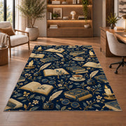 Book and Quill Pattern rug in a home office with wooden shelves